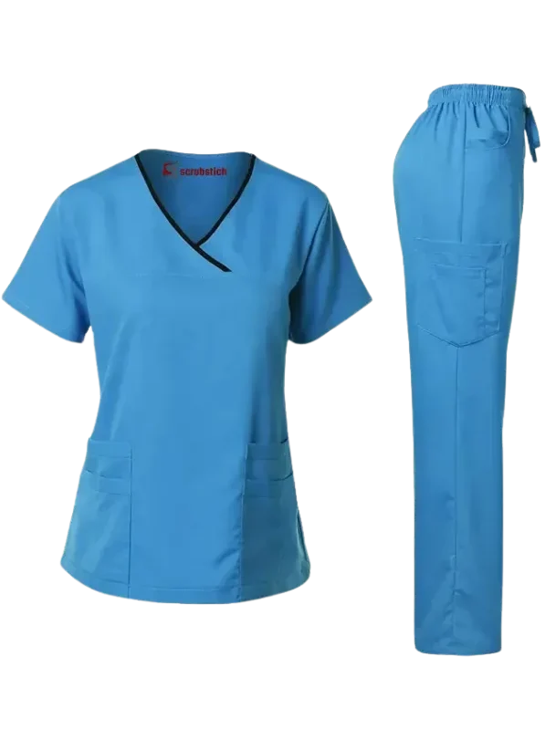 Cross V-Neck With Piping 4 Pockets Women Cotton Polyester