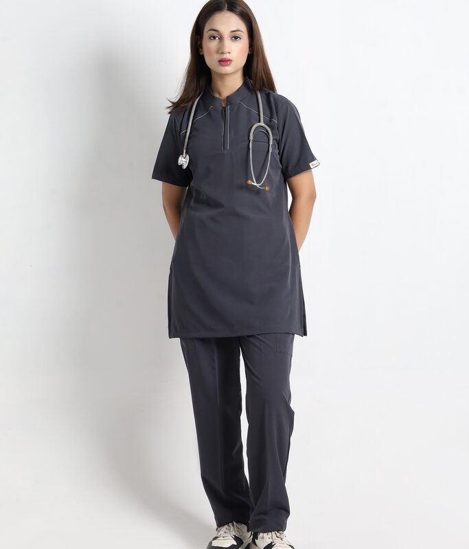 Women Grey Quarter-Zip-Ban Scrub