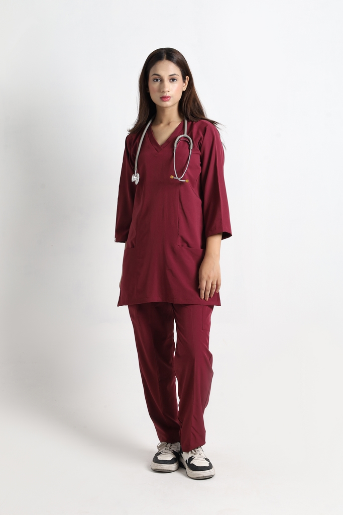 Women Maroon Classic V-Neck Performance Scrub