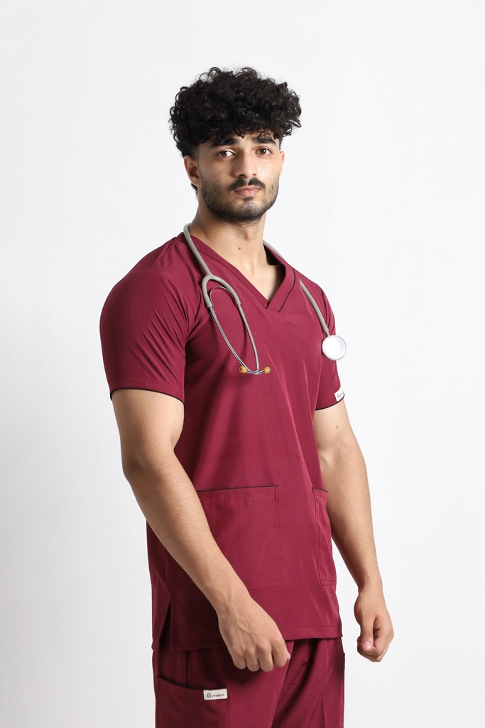 Maroon Classic V-Neck 6-Pocket Scrub - Image 3