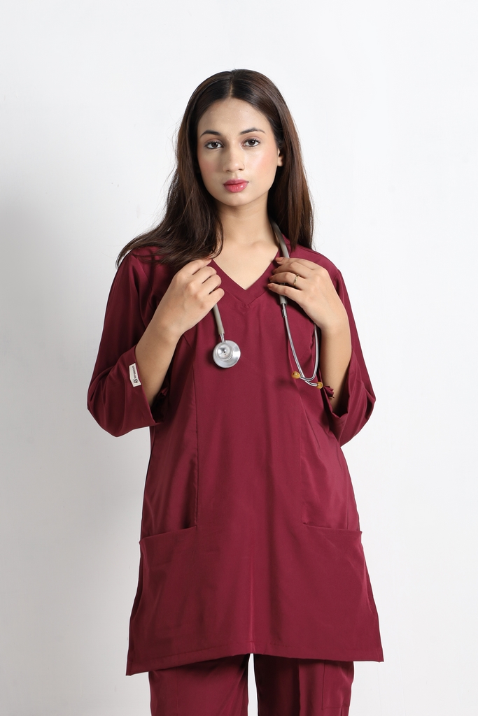 Women Maroon Classic V-Neck Performance Scrub - Image 3