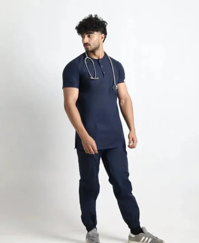 Navy Henley Jogger Round Neck Scrubs