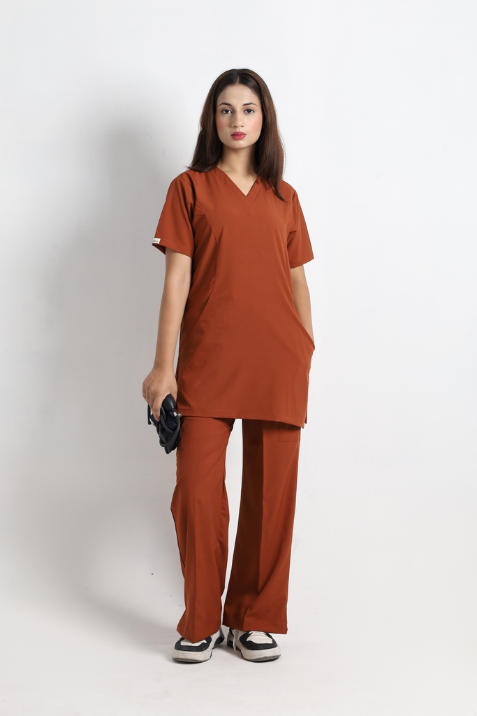 Rust Bell Bottom Women V-Neck Scrub